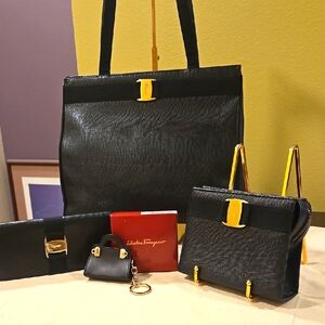 Ferragamo Vara Black and Gold Women's 4 Piece Bag Set
